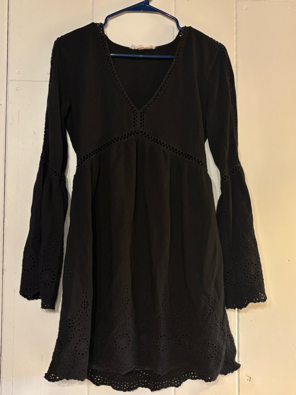 lovestitch Black Long Sleeve Eyelet Trim V-Neck Dress